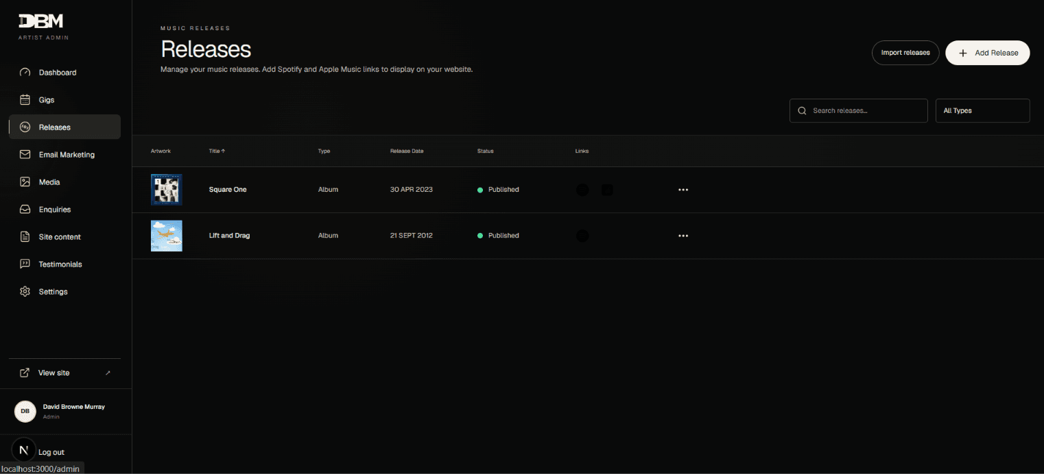 David Browne Murray artist management dashboard